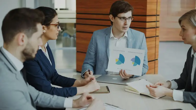 A sales team around a meeting table reviewing charts of sales by region